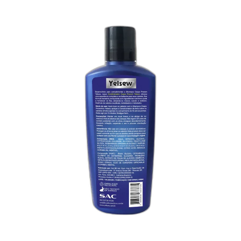 Verso do condicionador Yelsew Caspa Prevent Mentolado 230ml com informações do produto e modo de uso